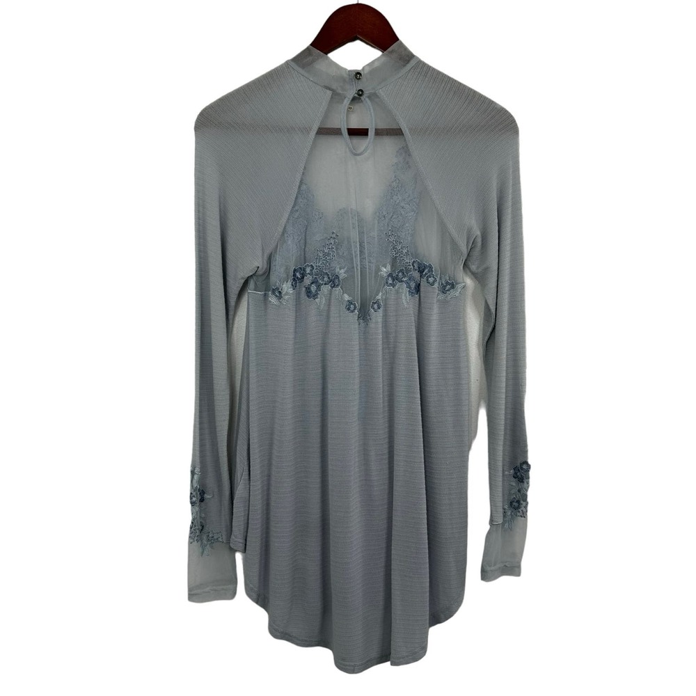 Free People Embroidered Mesh Top Blue Size XS Long Sleeve Semi Sheer Coquette - Picture 3 of 16